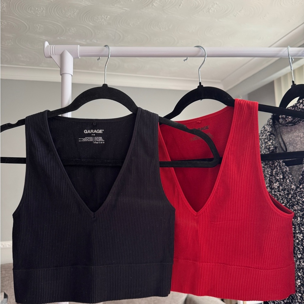 Garage Women's V-Neck Ribbed Tank Tops - Black and Red
